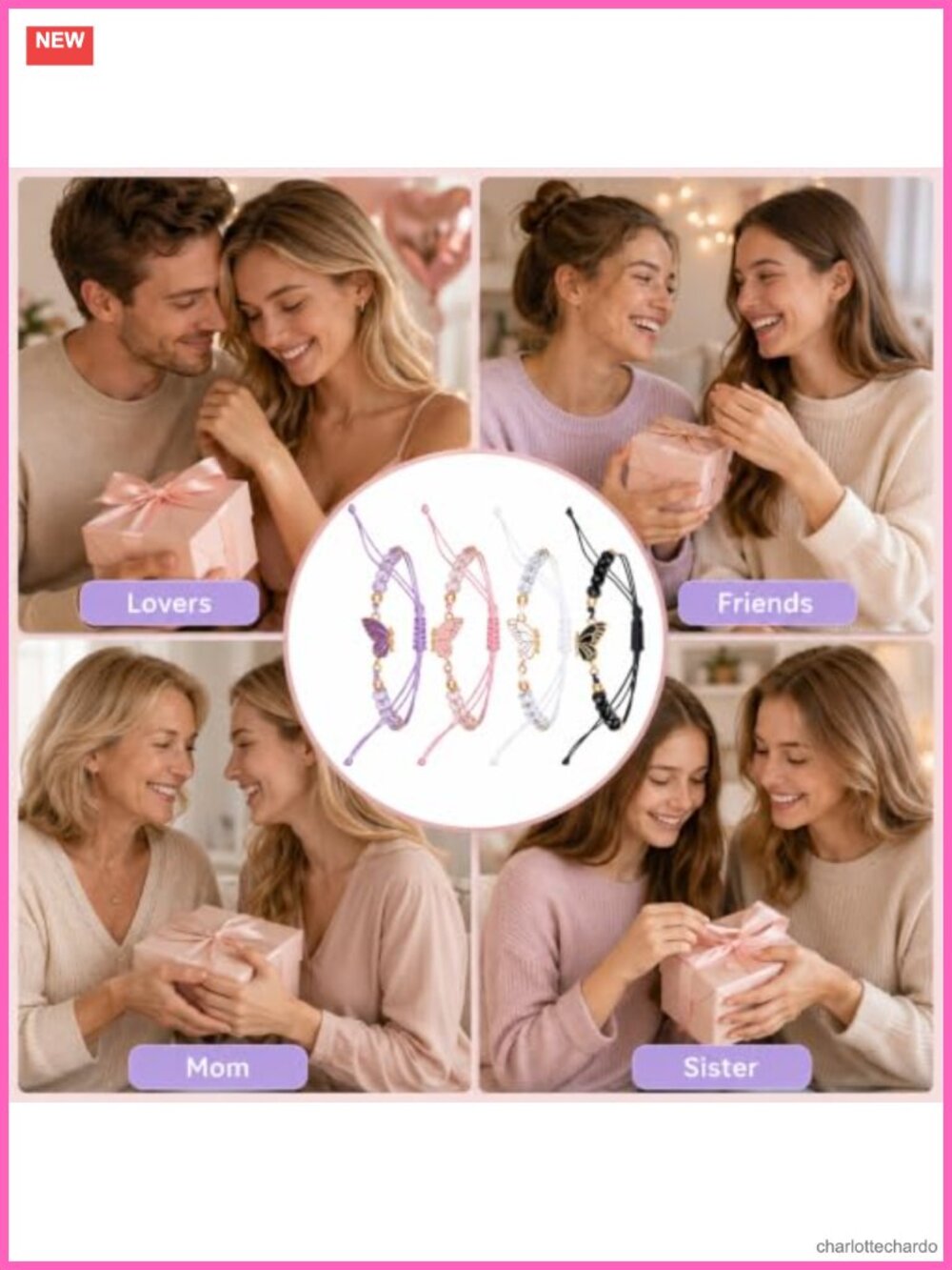 Butterfly Friendship Bracelets Adjustable Rope Metal Matching Set - Picture 6 of 6